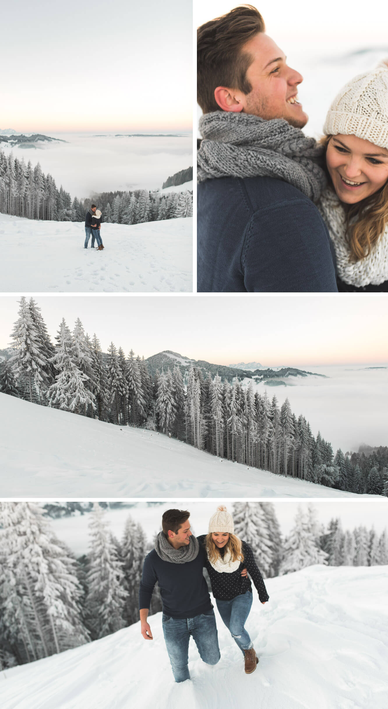 Paarshooting im Allgäu mit Schnee und Blick vom Hündle bis Steibis im Winter über Nebelmeer