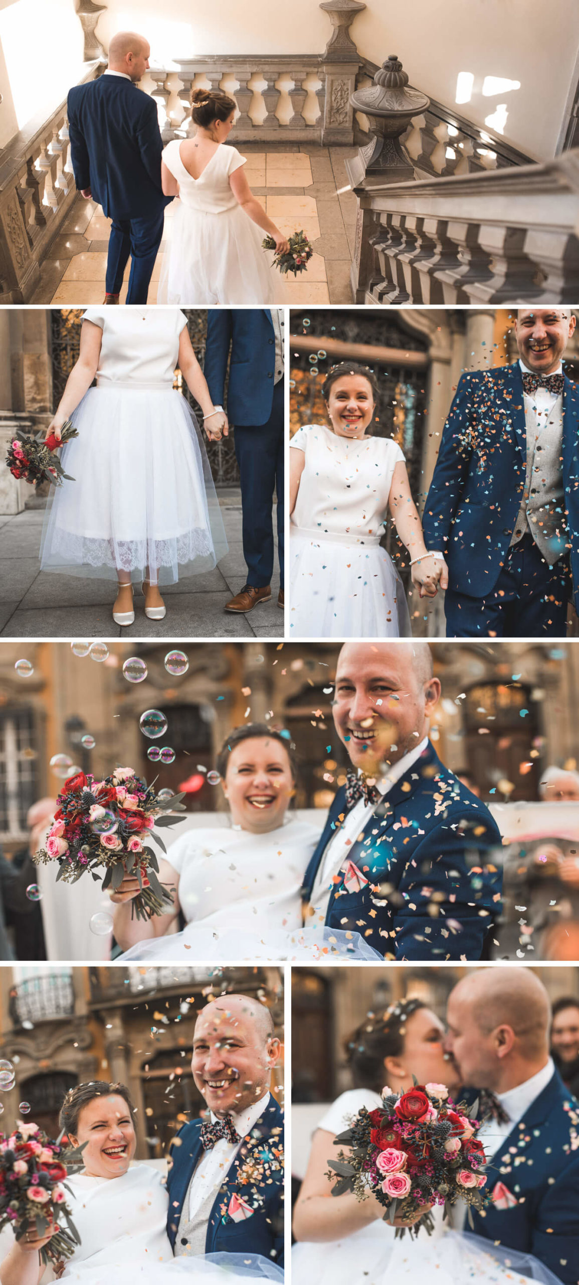 Hochzeit Auszug nach Trauung mit Brautpaar mit Seifenblasen im Konfettiregen mit Hochzeitskleid von Magdalena Mayrock und blauem Hochzeitsanzug und einem Brautstrauß von Straussbinderei Starz