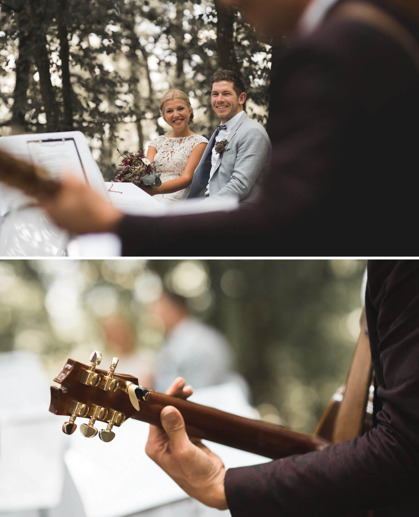 Brautpaar lächelt bei freier Trauung im Wald bei Einkorn Schwäbisch Hall während Jake Voth Musik mit Gitarre und Gesang spielt.