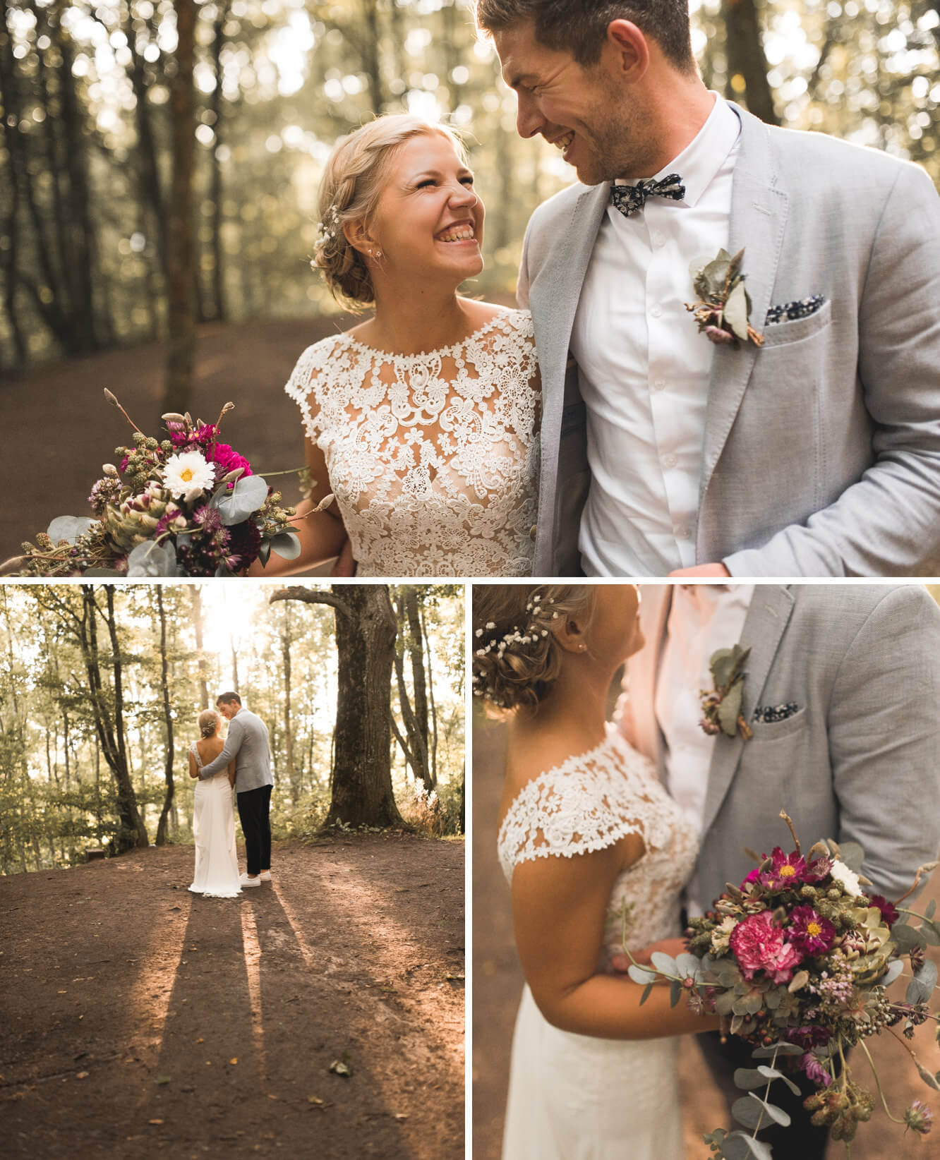 Brautpaarshoot bei Hochzeit auf dem Einkorn im Wald mit Sonne vor Ruine mit Blumen von der Straussbinderei Starz