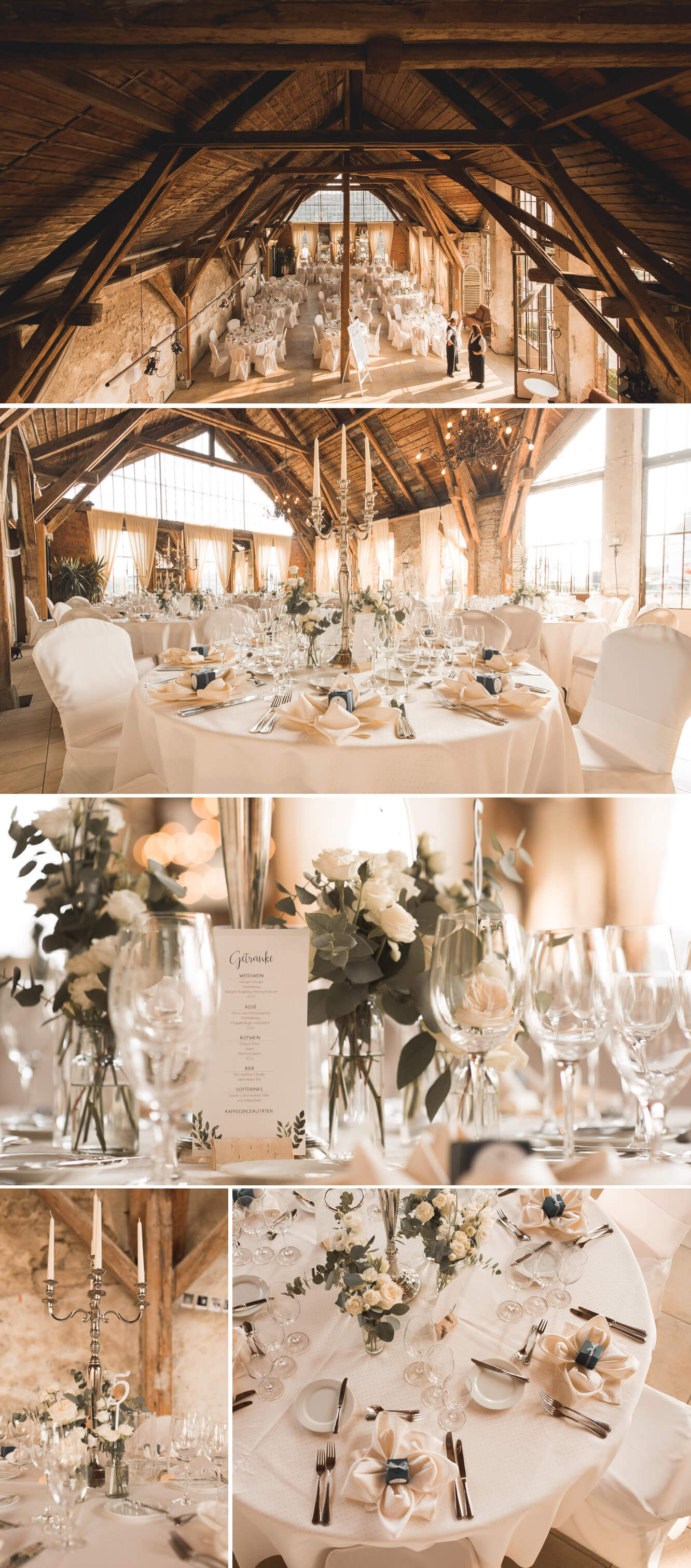 Hochzeit Tischdeko in Schloss Orangerie Langenburg mit Tischkarten in Orangerie als white Wedding und Eukalyptus Floristik