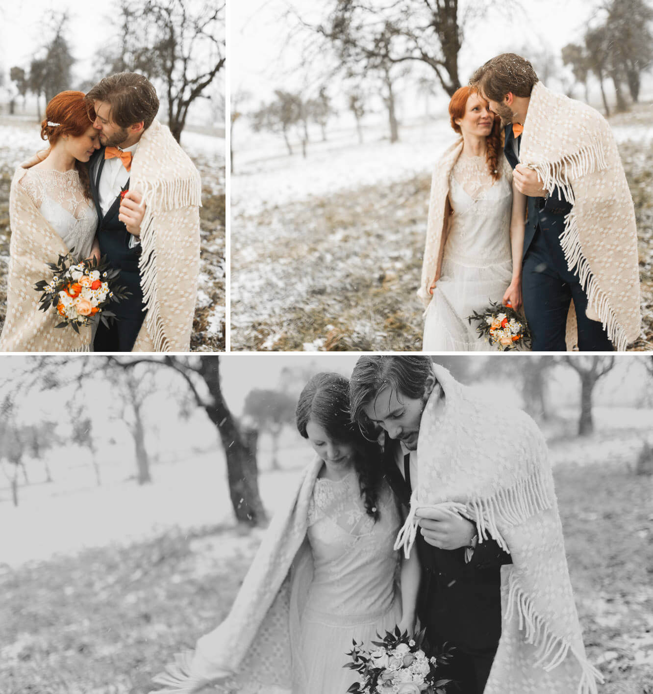Brautpaar outdoor bei Schneefall bei deren Winterhochzeit zur white winter wedding auf Landgut Halsberg mit warmer Decke und dem Hochzeitskleid von Rembo Styling