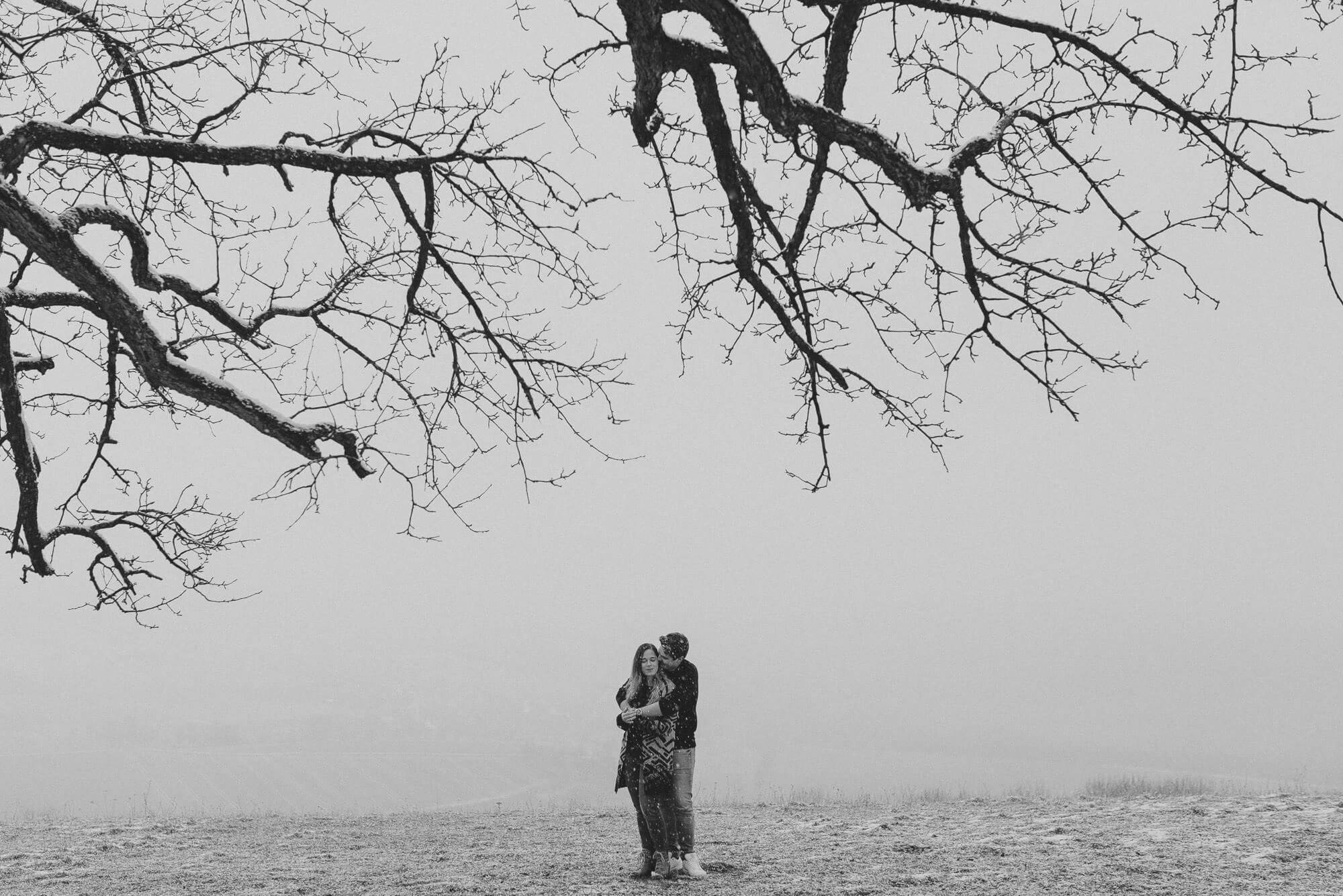 Das Paar steht unter Ästen eines Baumes auf dem Einkorn in schwarz weiß