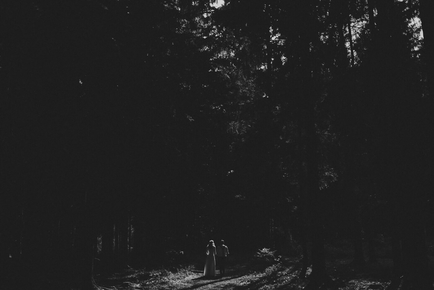 Offspace Aufnahme mit Brautpaar die Hand in Hand für ein gegenseitiges Ehegelübde durch den Wald spazieren