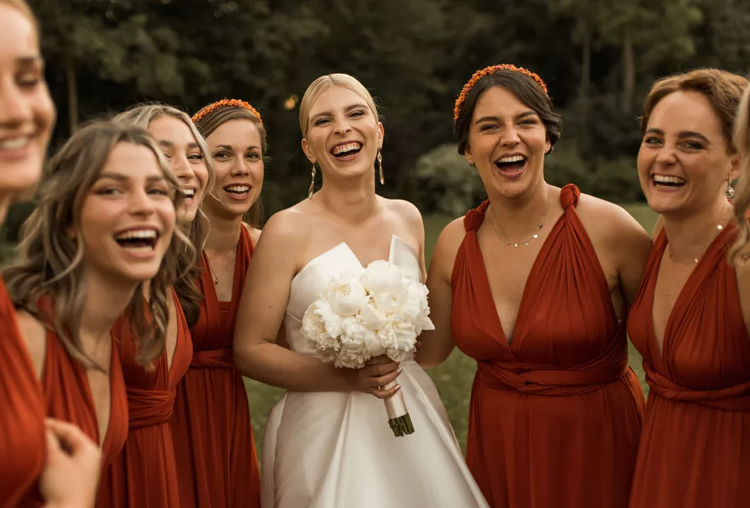 Braut mit Bridemaids in Hochzeit der Eventscheune Gut Ludwigsruhe